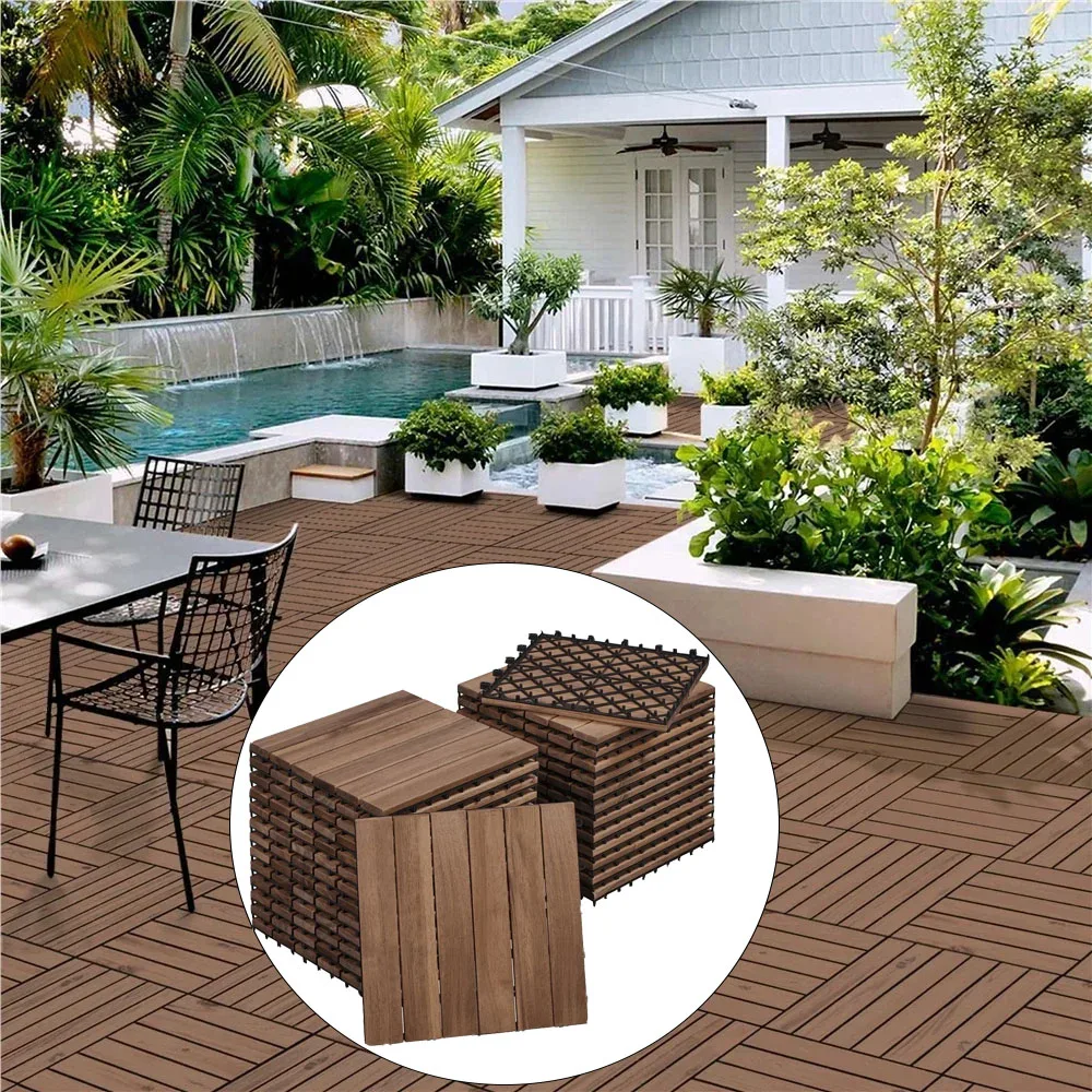 24PCS Interlocking Deck Tiles - Solid Wood Flooring with Snap on Design, Easy To Install, Suitable for Indoor and Outdoor Use