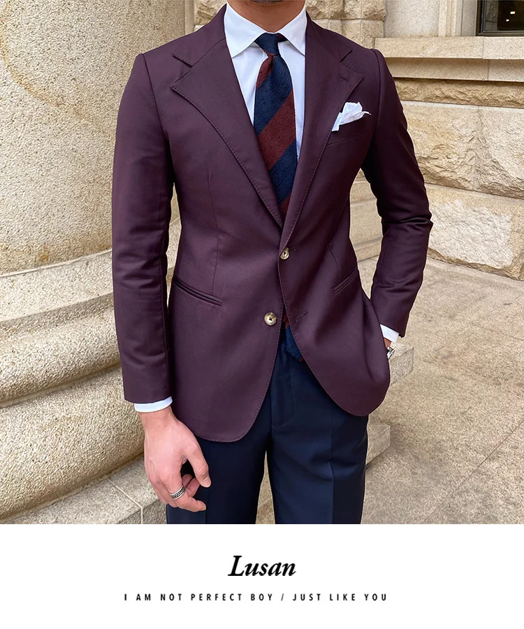 Style British Men Italian Wide Collar Versatile Slim Blazer Hombre Suit Chaqueta Hombre Prom Blazer Men Blazer Vintage Burgundy blazer for men wedding