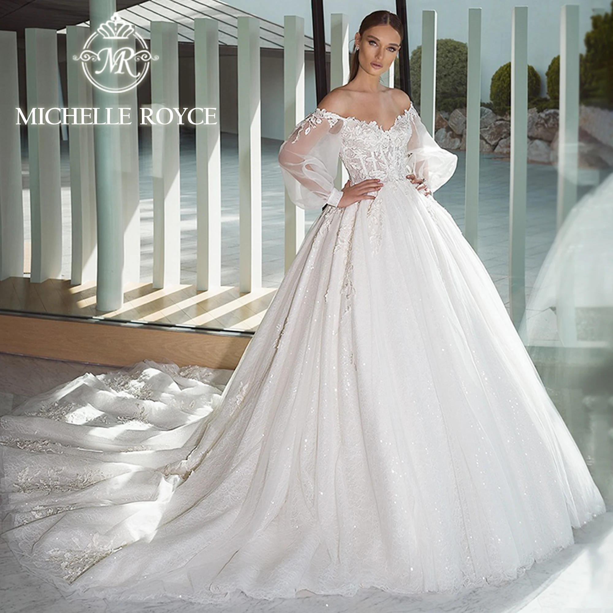 

Michelle Royce Luxury Wedding Dresses For Women 2023 Backless Puff Sleeve Beading Appliques Lace Wedding Gown Vestidos De Noiva