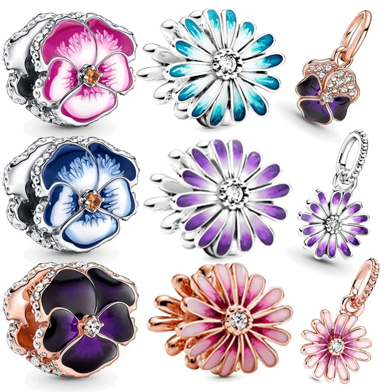 

2022 925 Sterling Silver Clover Beads Daisy Purple Clip Collection Charm Fit Original Bracelet Women Jewelry Gift DIY