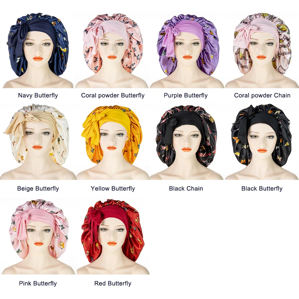 Fshion Floral Print Large Satin Bonnet Hat for Women Long Silk Head Cover Wide Night Sleeping Hat 2