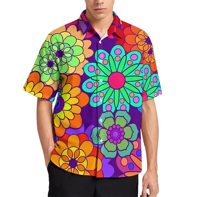 Blusas con gráficos de flores coloridas para hombres, ropa con estampado floral 3D brillante, camisas de playa, estética de vacaciones, Y2k, camisetas de manga corta para niños