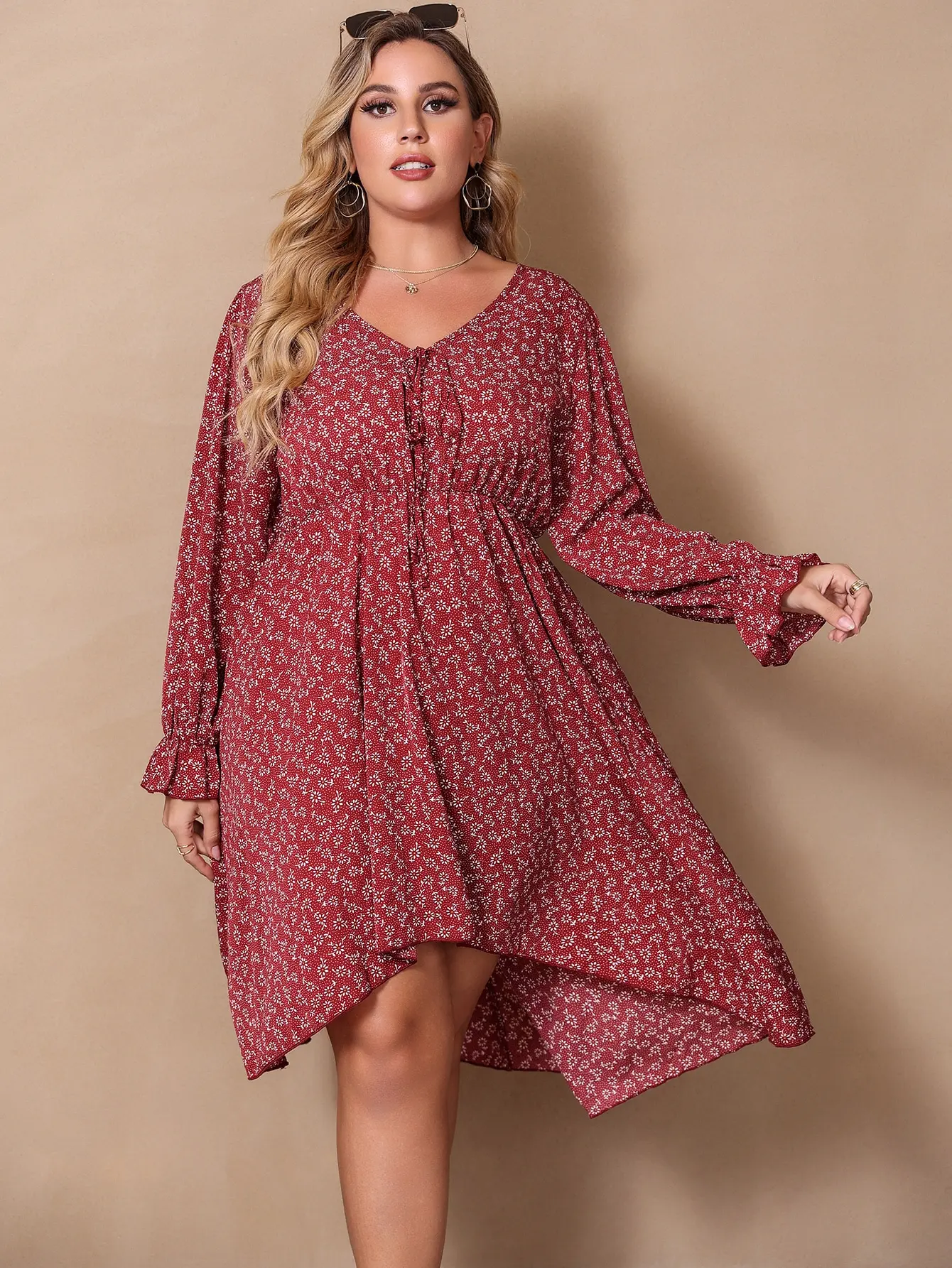 Finjani Plus Size Dress V-neck All Over Floral Print Flounce Sleeve Shirred Dresses  Plus Size  2023 New Women's A-line Dress