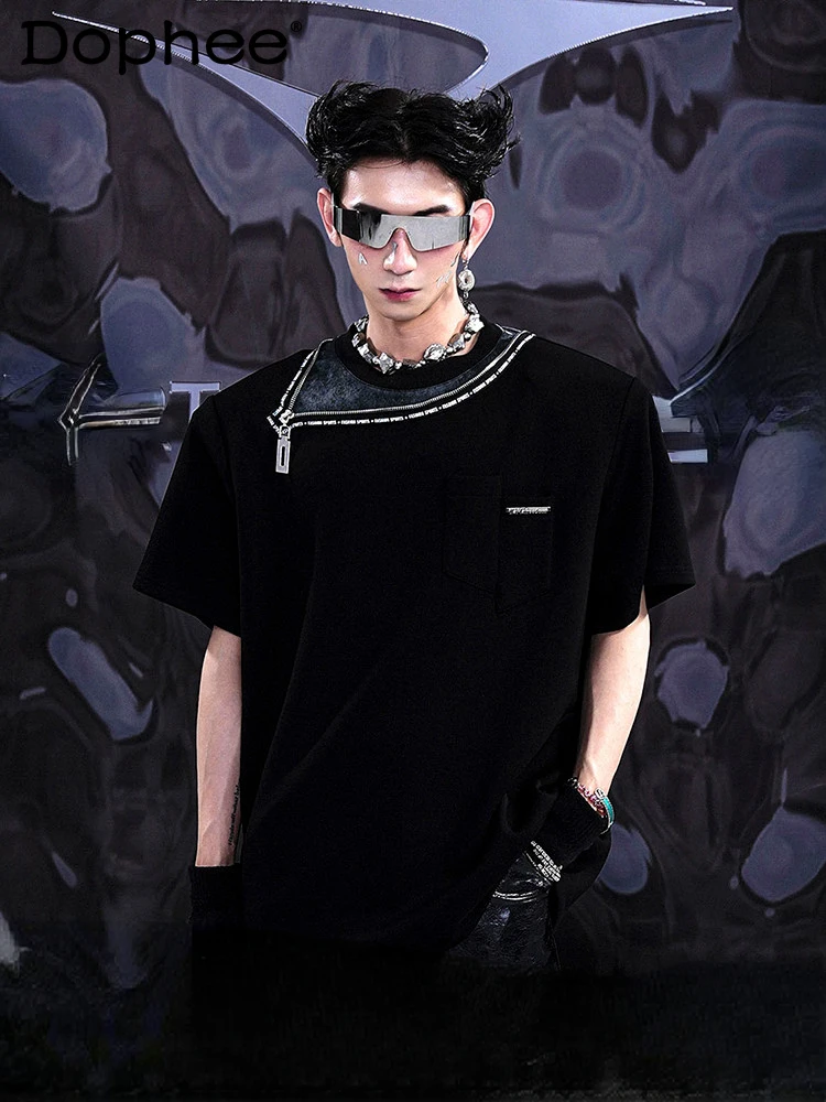 

Fashion Zipper Leather Patchwork Short Sleeve T-shirts Men's 2024 Summer New T-Shirts Half Sleeve Breathable Round Neck T-shirt