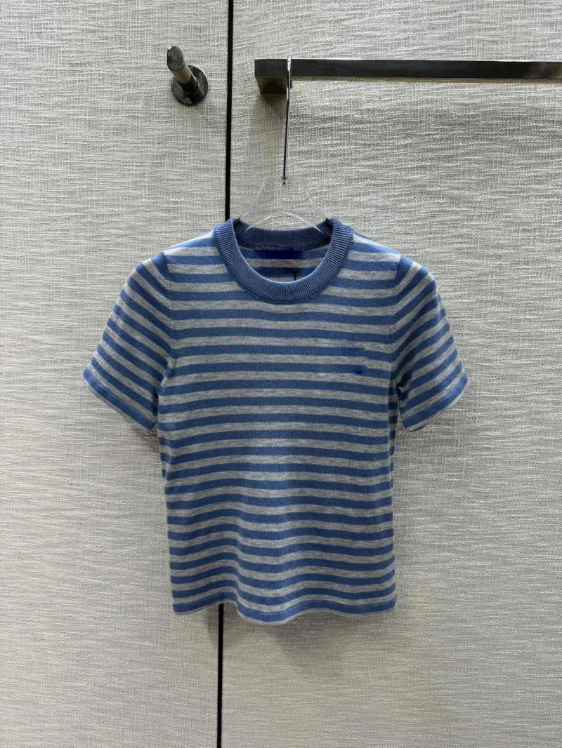 

Summer Classic Stripe Knitted Shirt Round Neck Contrast Colored Casual Versatile Slim Fit Women's T-shirt