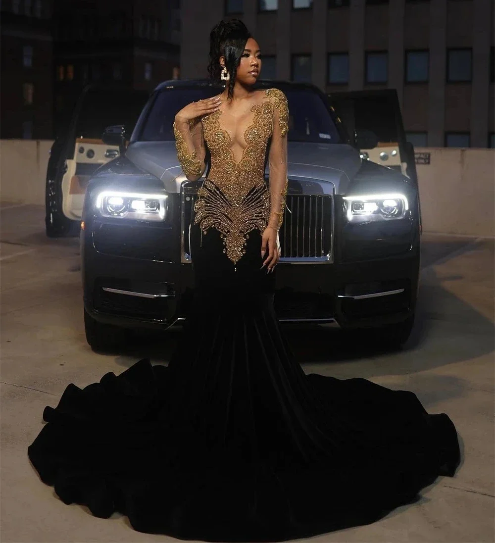 Sequins Long Prom Dresses For Black Girls Sparkly Beaded Birthday Party Dresses African Evening Gown Robe De Customized