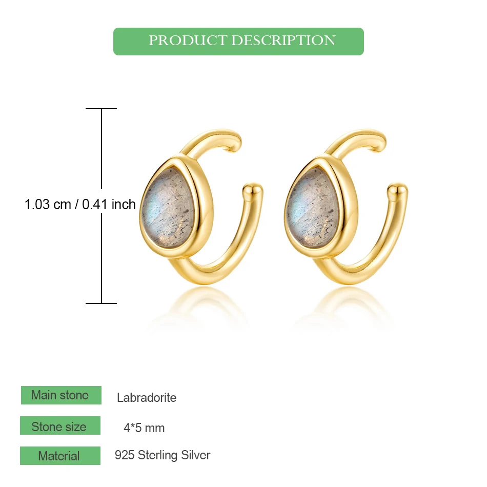 WES 925 Sterling Silver Ear Clip Jewelry Woman Inlaid Natural Waterdrop 4*5mm Labradorite Earrings Engagement Gift