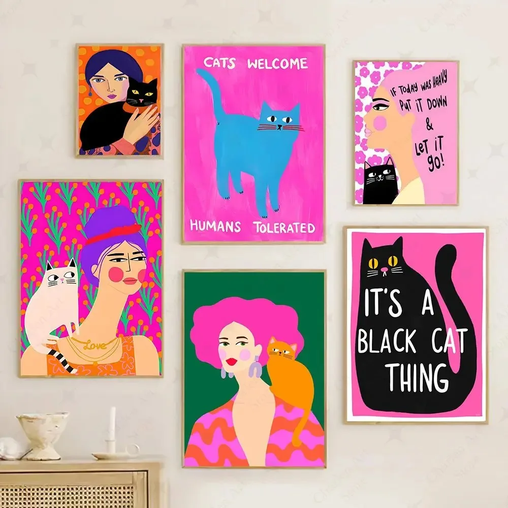 Современный стиль, абстрактный аниме-фильм, постер, черный кот на розове, холст