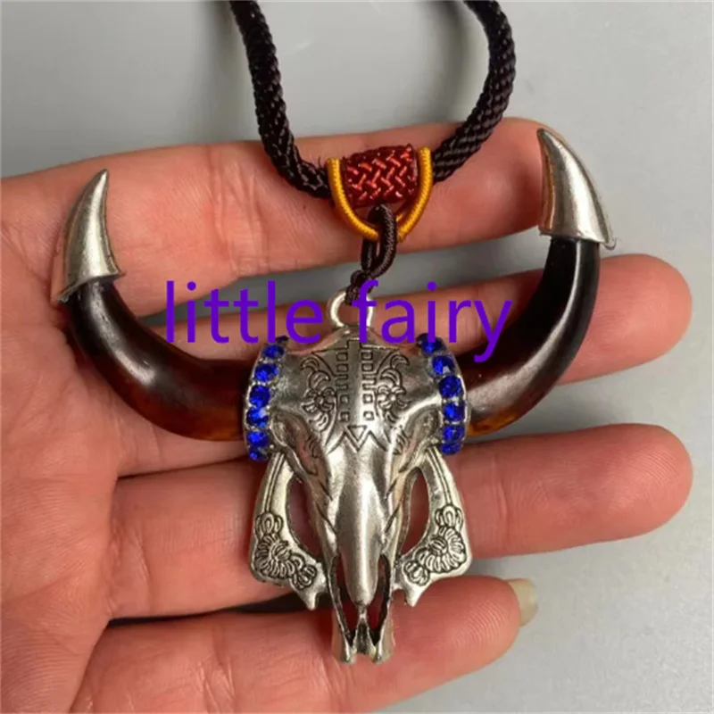 

Little Fairy/Antique Tibetan Silver Inlaid Pig Tooth Dog Tooth Sheep Head Necklace Pendant Fashion Jewelry Men Women Couple Gift