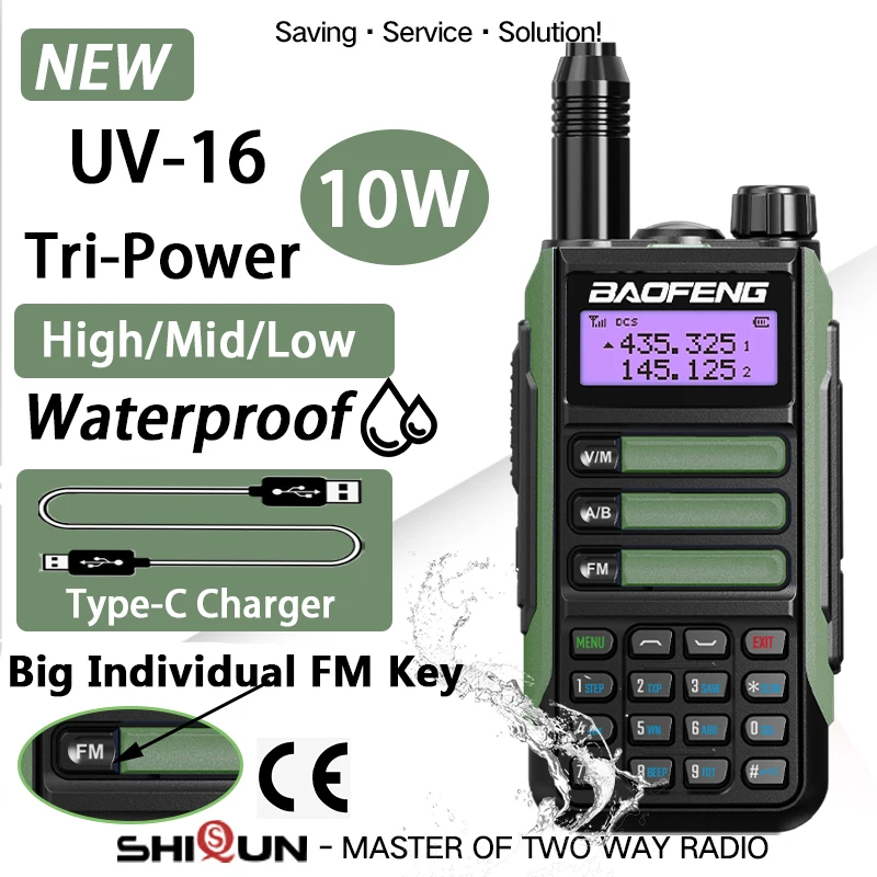 

To UV16 Pro Walkie Talkie Professional UV16 V2 Plus 10W Powerful Waterproof VHF UHF Dual Band Two Way Radio USB-C Charger