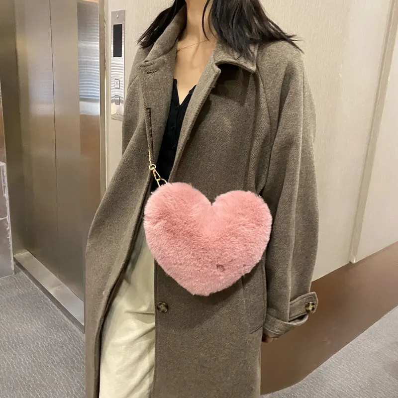 Fashion Women's Heart Shaped Handbags Cute Kawaii Fur Crossbody Bags