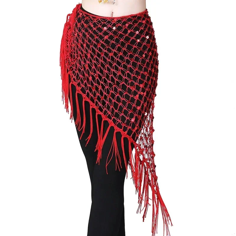 

12 Colors Belly Dance Accessories Long Tassel Belt Elastic Triangle of Hand Crochet Belly Dancing Hip Scarf Sequins Girls Belt