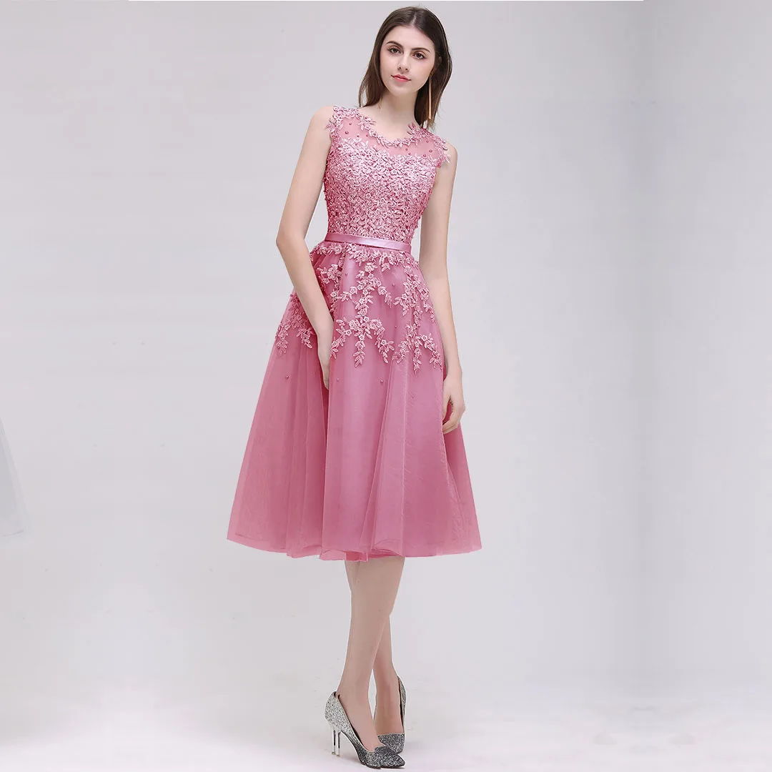 FATAPAESE Dust Pink Cocktail Knee-Length Lace Appliques Top Flower and Pearls Short Prom Dress Party Dresses Sexy Tulle Gown