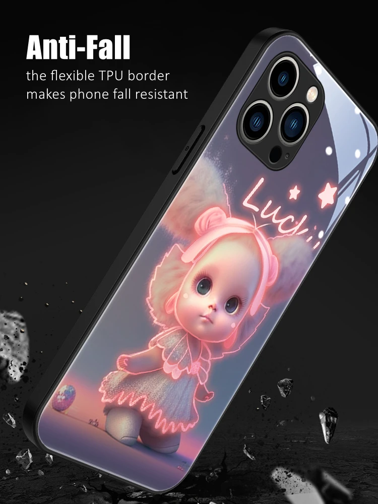 Kawaii Doll LED Light Glowing Luminous TPU Border Tempered Glass Phone Case for Xiaomi 11 12 13 Redmi K40 K50 K60 Pro Lite Ultra