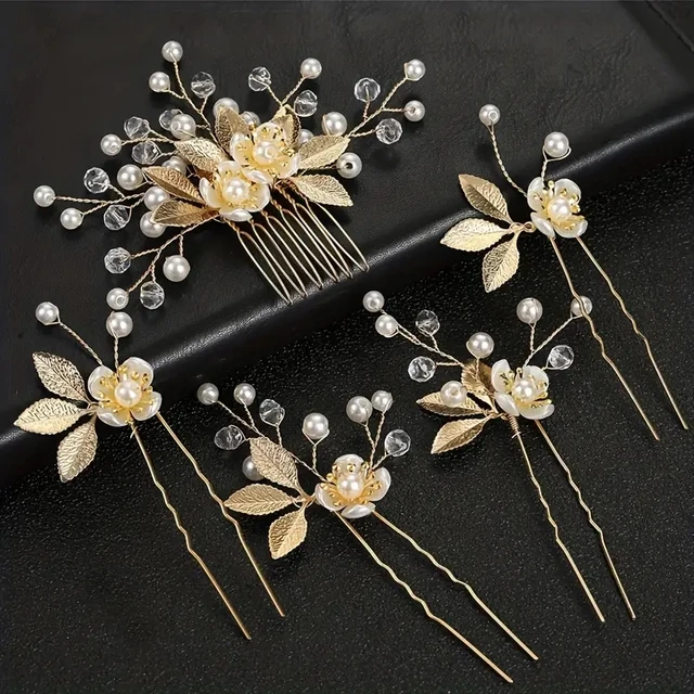 5 Pcs Crystal Luxury Hair Accessories Set Sweet Romantic Women's Bride Party Wedding Accessories Jewelry Hair Clip Hair Comb Set 6