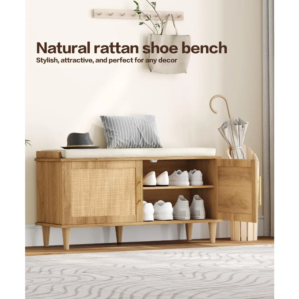 Rattan Shoe Storage Bench with Cushion, Adjustable Shelves, 2 Doors for Entryway, Living Room