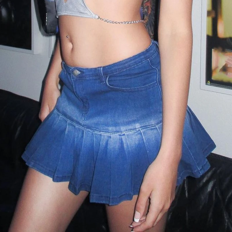 

Punk Y2K Denim Mini Pleated Skirt Ladies Summer High Waist Jeans Shorts Skirts Women Ruffles Fashion Korean 2022 New