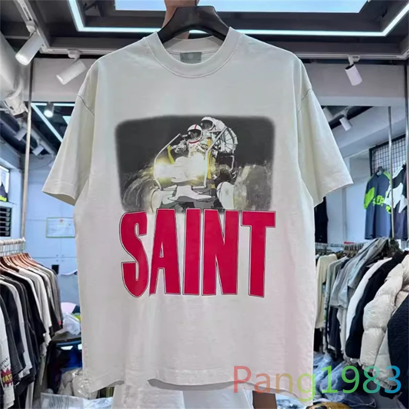 

Винтажная Футболка Saint Michael с космическим принтом для мужчин и женщин, Высококачественная свободная футболка в стиле хип-хоп с коротким рукавом