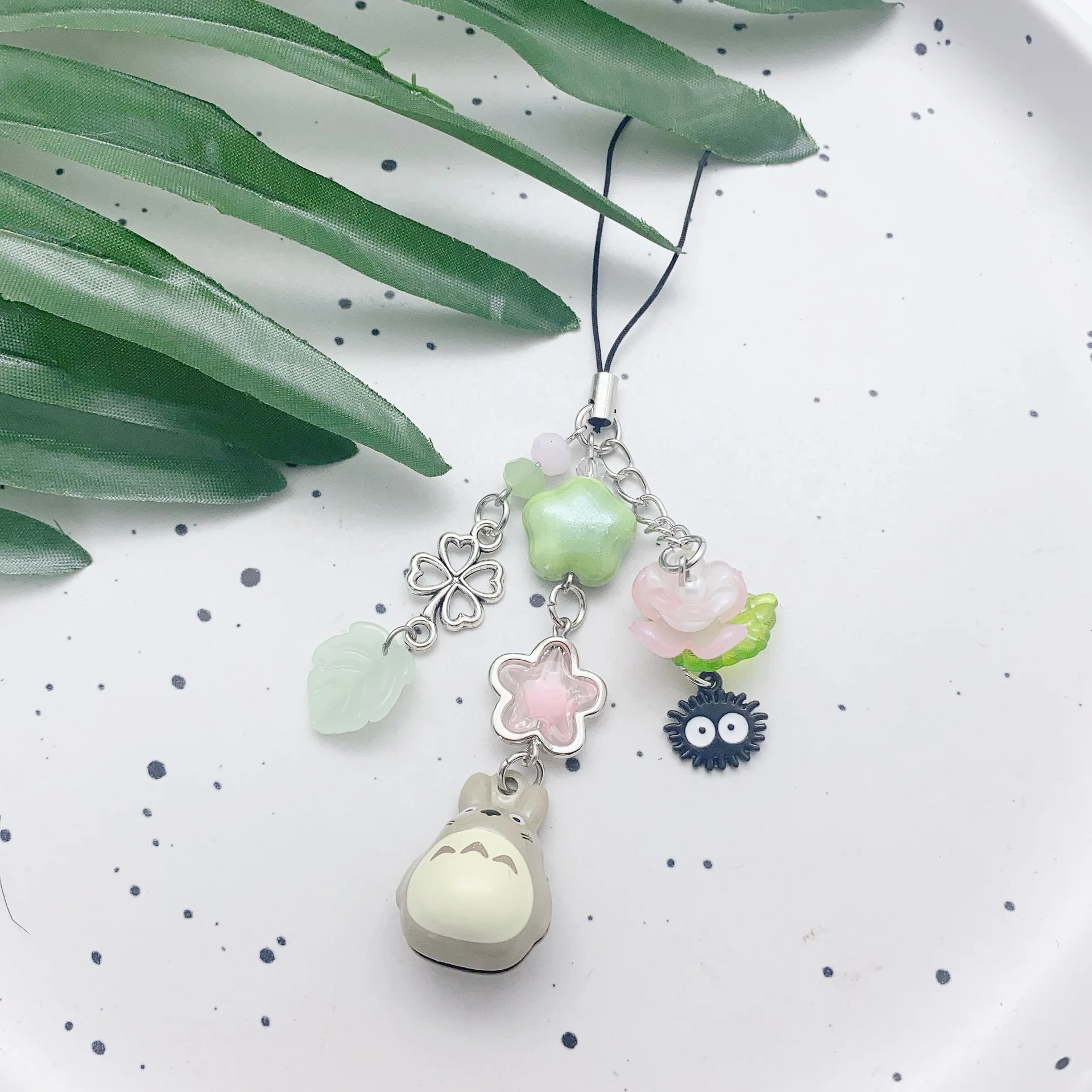 Cat Phone Charm Chain Four Leaf Clover Beaded Phone Charm Y2K Green Fairy Core Keychain Bag Key Ring