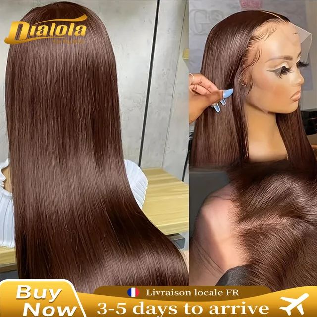 34 pouces # 4 perruques brunes chocolatées lisses avec dentelle frontale 13x6 HD, perruques frontales 13x4 pré-épilées en cheveux humains brésiliens Remy 1