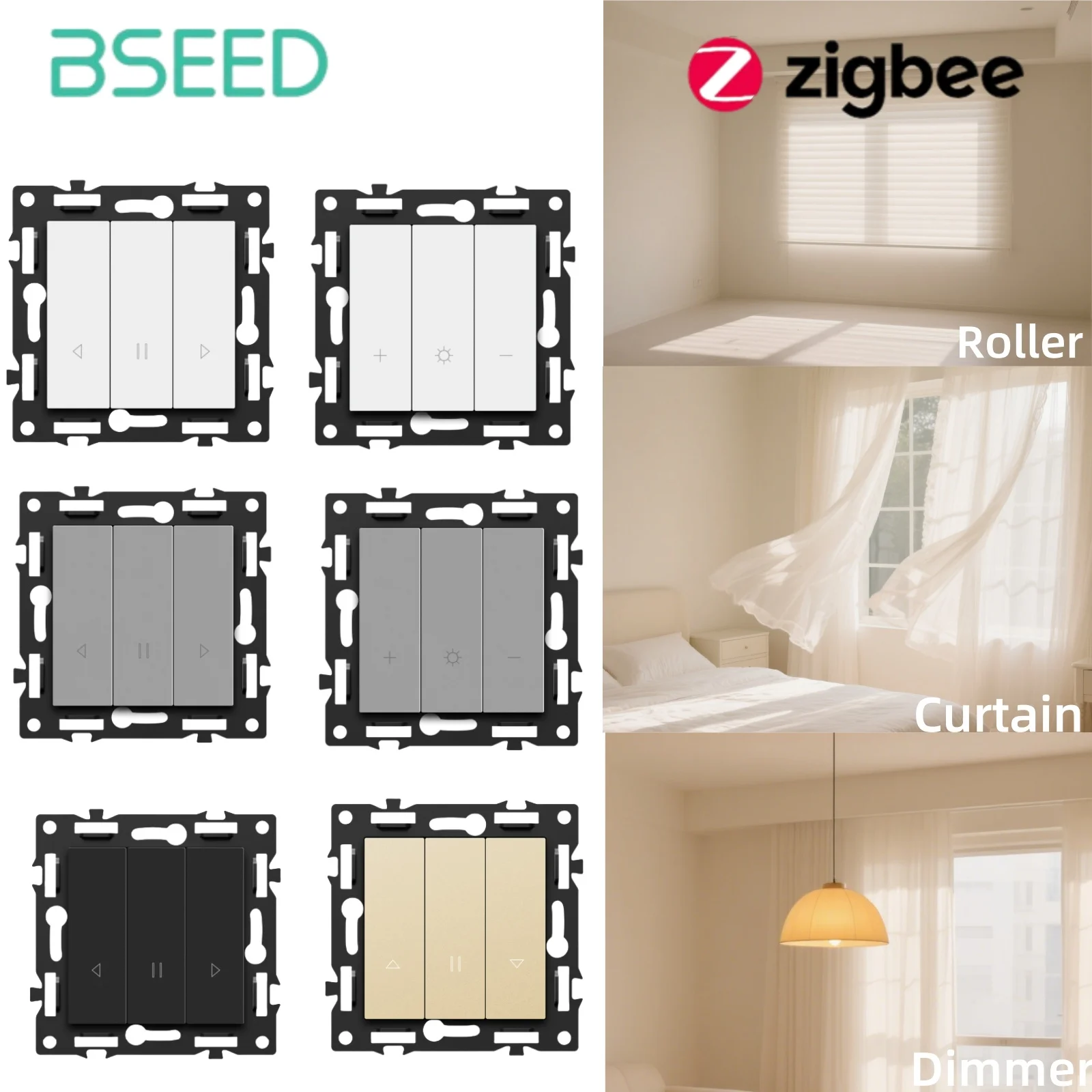 BSEED Zigbee ผ้าม่าน/Dimmer/Roller คลิกโมดูลสวิทช์สมาร์ทสวิทช์อะไหล่กรอบกระจก DIY ชัตเตอร์สวิทช์ E-Series 1