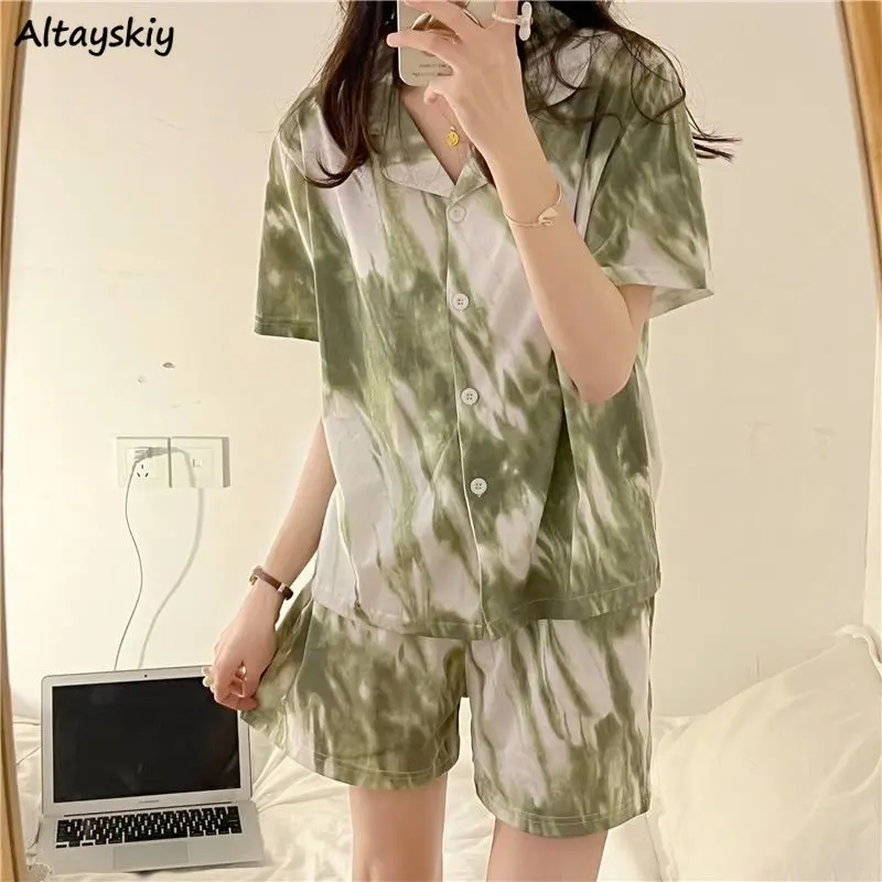 

Pajama Sets Women Summer Tie-dye Home Sleepwear Simple Leisure Korean Fashion Style Sweet Cozy V-neck Popular Daily All-match