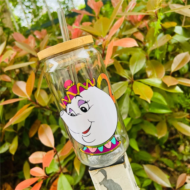 Glass Glass Lid Straw Disney  Glass Coffee Cup Bamboo Lid - Disney  Mrs.potts Beer - Aliexpress