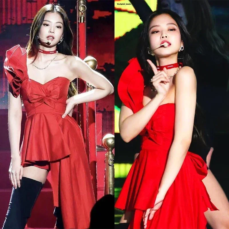 

Jennie K-pop Stage Outfit Women Red Dress Concert Outfits Festival Rave Wear Performance Costume Showgirl DJ DS