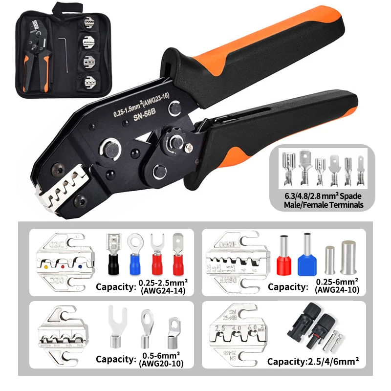 SN-58B Crimping Pliers Kit Quick Jaw Replacement For Tab 2.8/4.8/6.3/Tube/Photovoltaic/Insuated/Dupont Terminals Electrical Tool