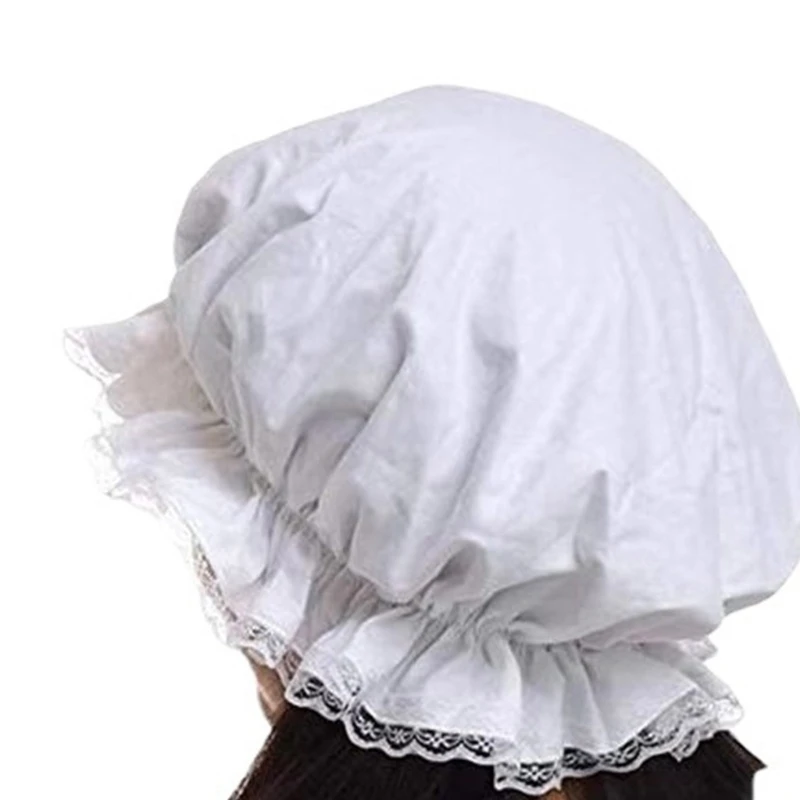 Women Breathable Satin Lace Bonnet Lady White Elastic Brim Maid Hat for Stage Role Playing and Halloween Costume Cosplay Props 2