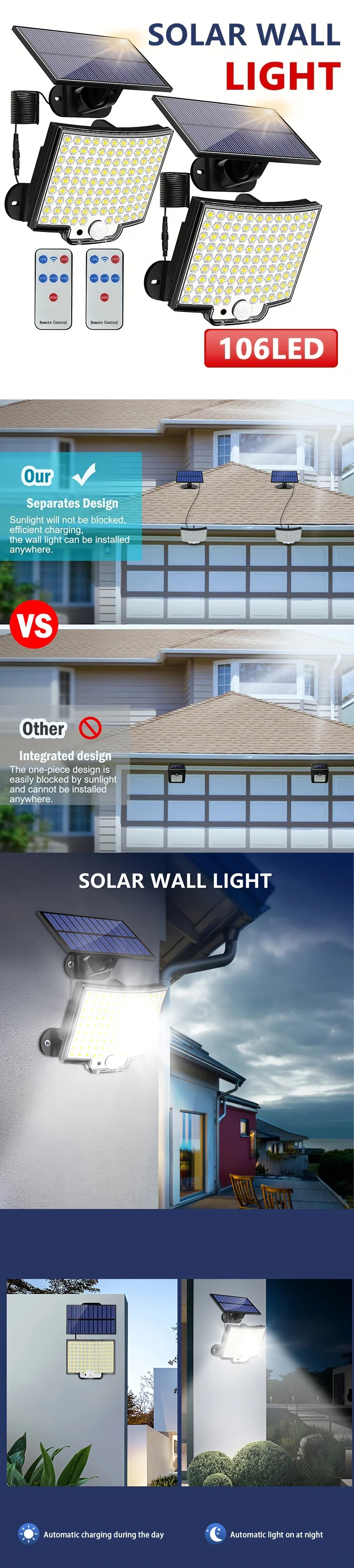 Description Picture 2 of item1-3 Pcs Solar Light Motion Sensor Outdoor Lighting Waterproof Super Bright LED Wall Lamp Remote Street Lights Garden Courtyard