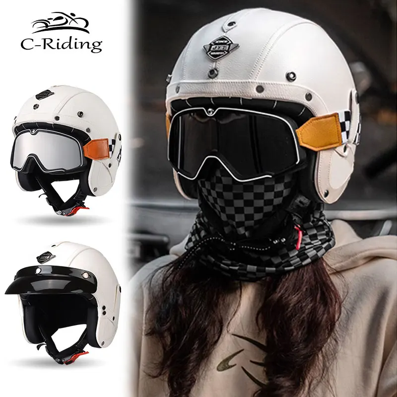 HOT sale Open Face Half PU Leather Helmet Moto Motorcycle Helmets vintage  Motorbike Headgear Casque Casco