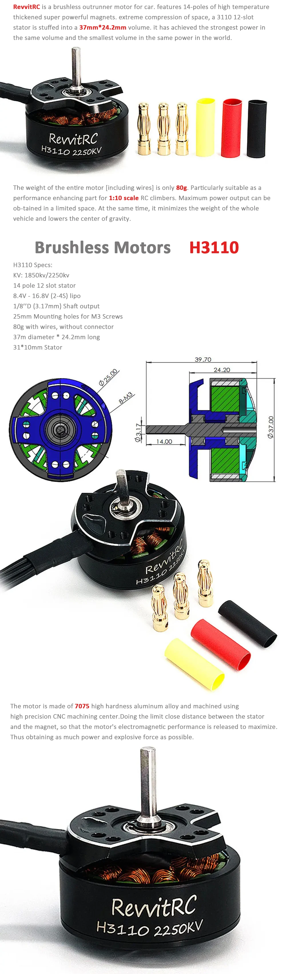 Description Picture 2 of itemRevvitRC H3110 2250KV 1850KV 2-4S 14-Pole Outrunner Brushless Motor 3.17mm Shaft AM32 50A 3-6S 32-bit Car ESC For RC 1/10 RC Car