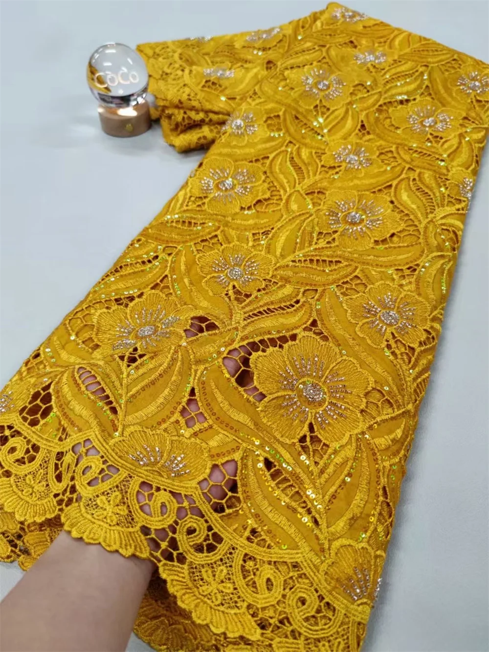 African chiffon lace fabric with beads high quality nigerian beads lace embroidery guipure fabric for wedding women