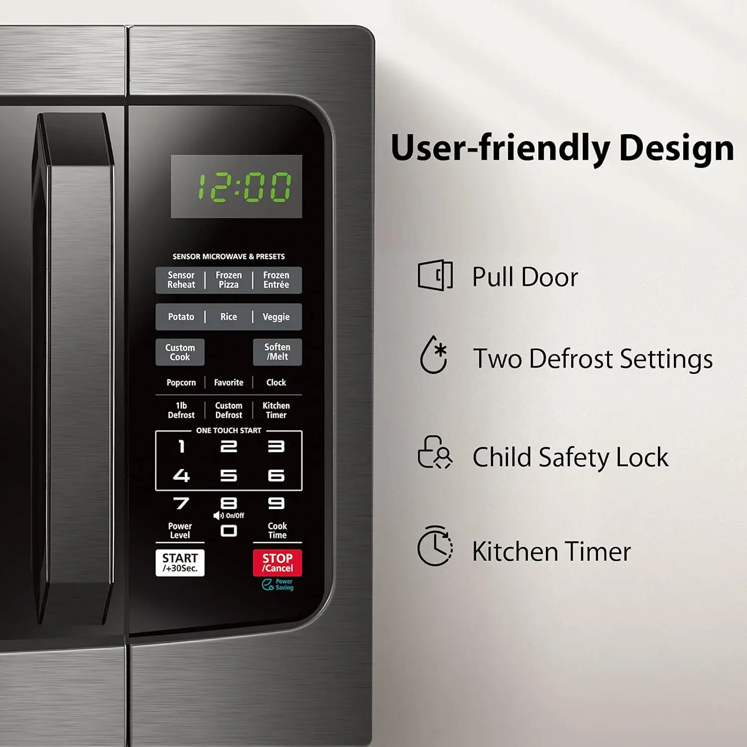 EM131A5C-BS Countertop Microwave Ovens 1.2 Cu Ft, 12.4" Removable Turntable Smart Humidity Sensor 12 Auto Menus Mute Function E