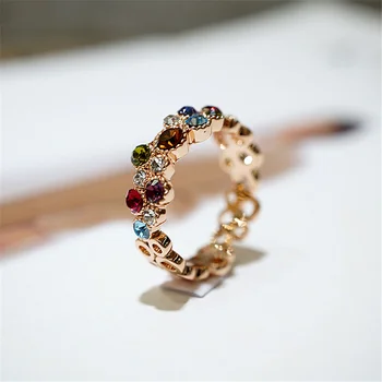 Female Luxury Blue Red Rainbow Zircon Stone Finger Ring Vintage Rose Gold Color Wedding Band Bridal Jewelry For Women
