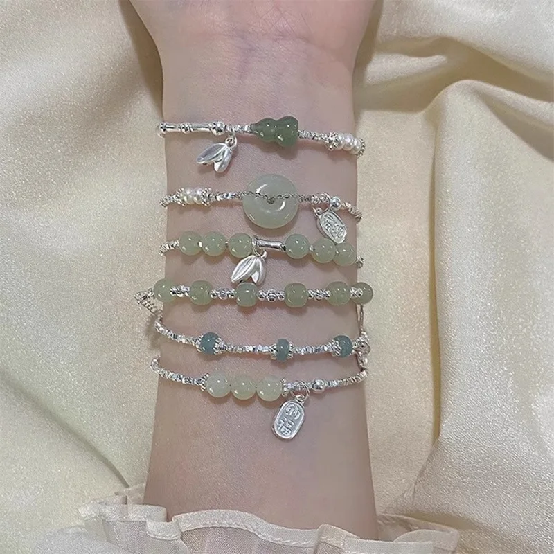 925 Sterling Silver Bracelet Jade Happiness Safe Good Wish Chinese Word Bamboo For Woman Girl Jewelry Gift Dropship Wholesale