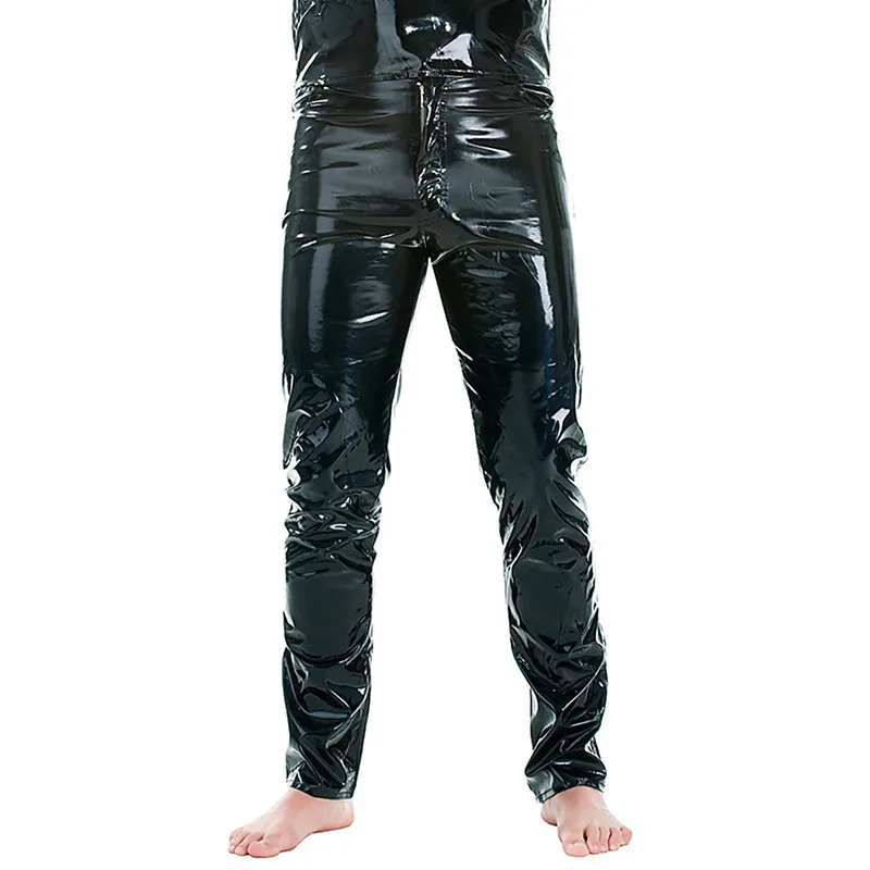 Latex Mens Pants Shiny Wet Look PU Leather Pants Fashion Tight Trousers for Club Stage Show Rock Band Performance