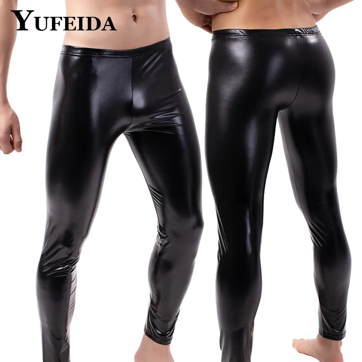 YUFEIDA Men's PU Leather Legging Skinny Pouch Pants Tight Erotic Temptation Trousers Clubwear Tight Stretchy Casual Sexy Legging