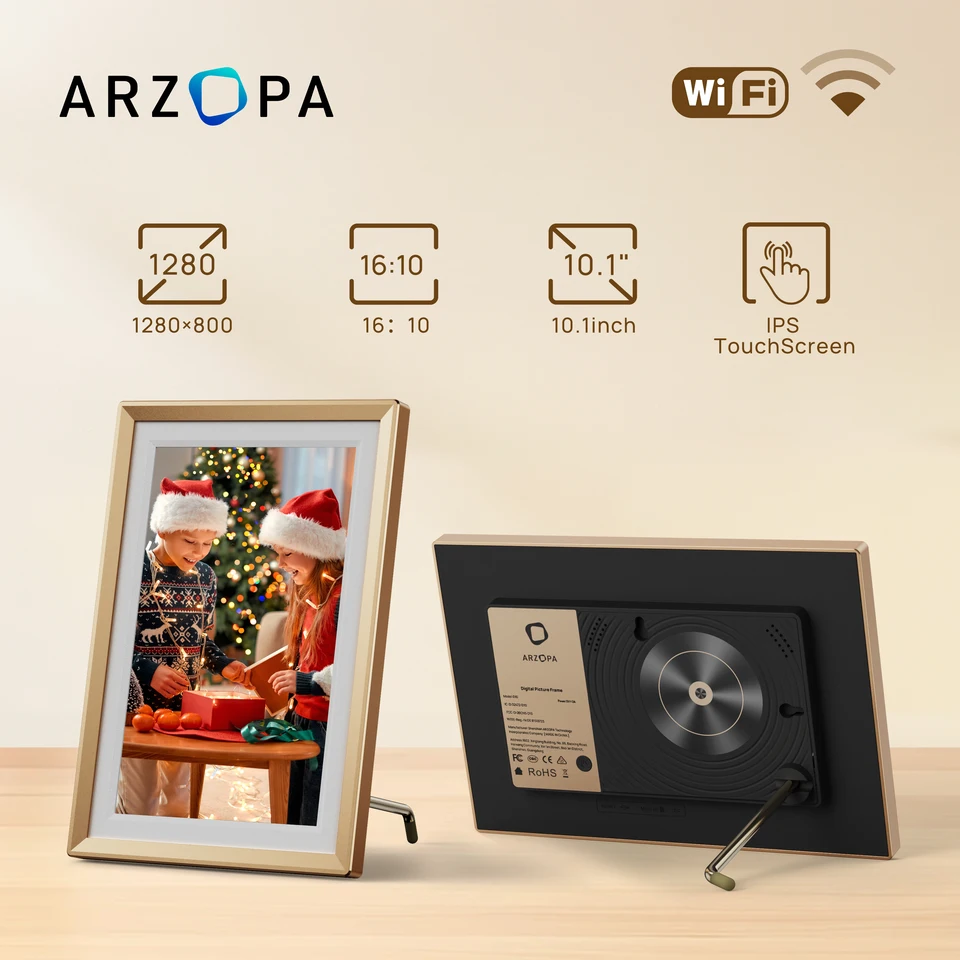 ARZOPA WiFi Digital Picture Frame 10.1" HD IPS Touch Screen Smart Photo Frame Electronic Free Arzopa App Custom Picture Frame For Gifting Easy Share Unlimited Photos Videos From Anywhere - D10 Gold