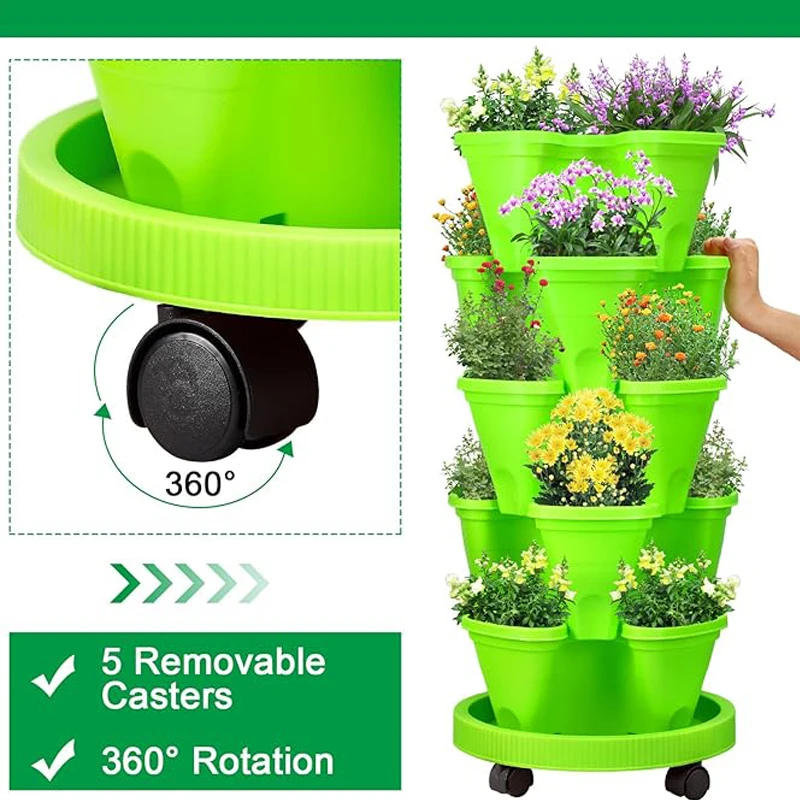 Fioriera Verticale Tower Garden, Fioriera Impilabile A 6 Livelli Fioriera Da Giardino Con Ruote Mobili E Fondo Interno Ed Esterno