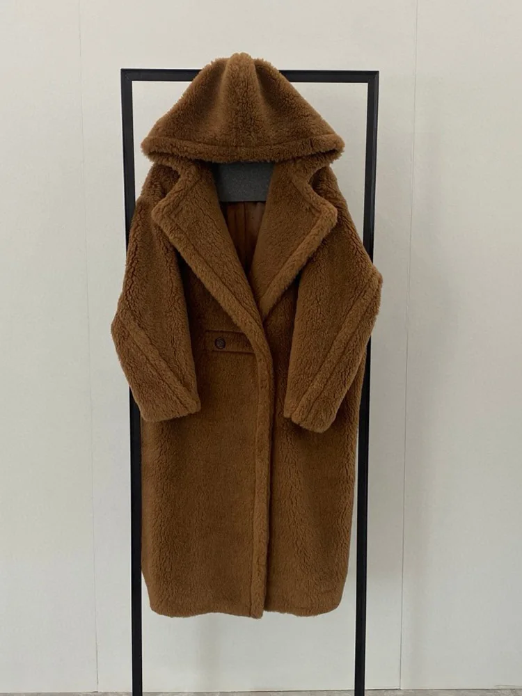 RosEvans High Quality Women Hooded Fur Teddy Bear Coat Thick Alpaca Long Lamb Loose Wool Coat Warm Fashion Solid Winter Female