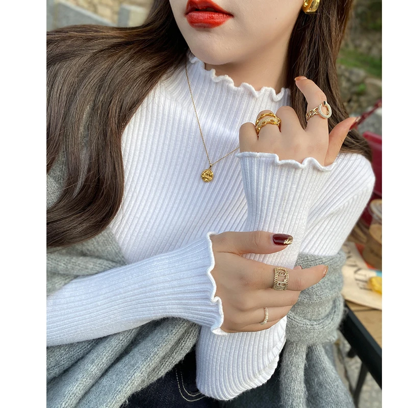 Fungus Edge Semi-turtleneck Women's Long-sleeved Sweater New Fashion Autumn and Winter Solid Color Thin Bottoming Shirt