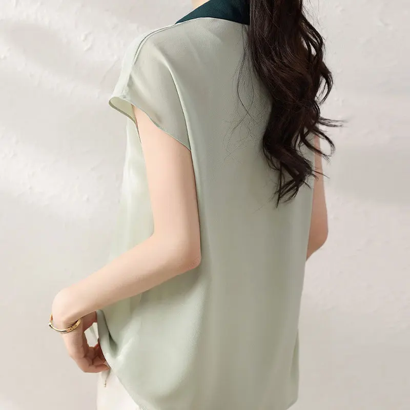 Elegant Fashion Harajuku Slim Fit Female Clothes Loose Casual All Match Tops Women Patchwork POLO Collar Short Sleeve Blouse