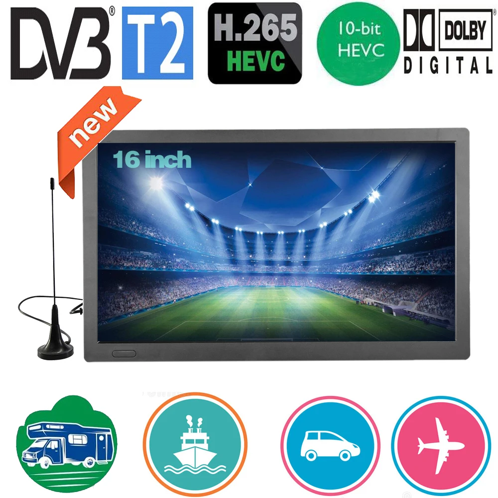 LEADSTAR 16 Inch Portable Mini Digital TV DVB-T2 ATSC ISDBT Decoder Hevc H265 10Bit Tuner Code Car Tv Kitchen TV Dolby AC3