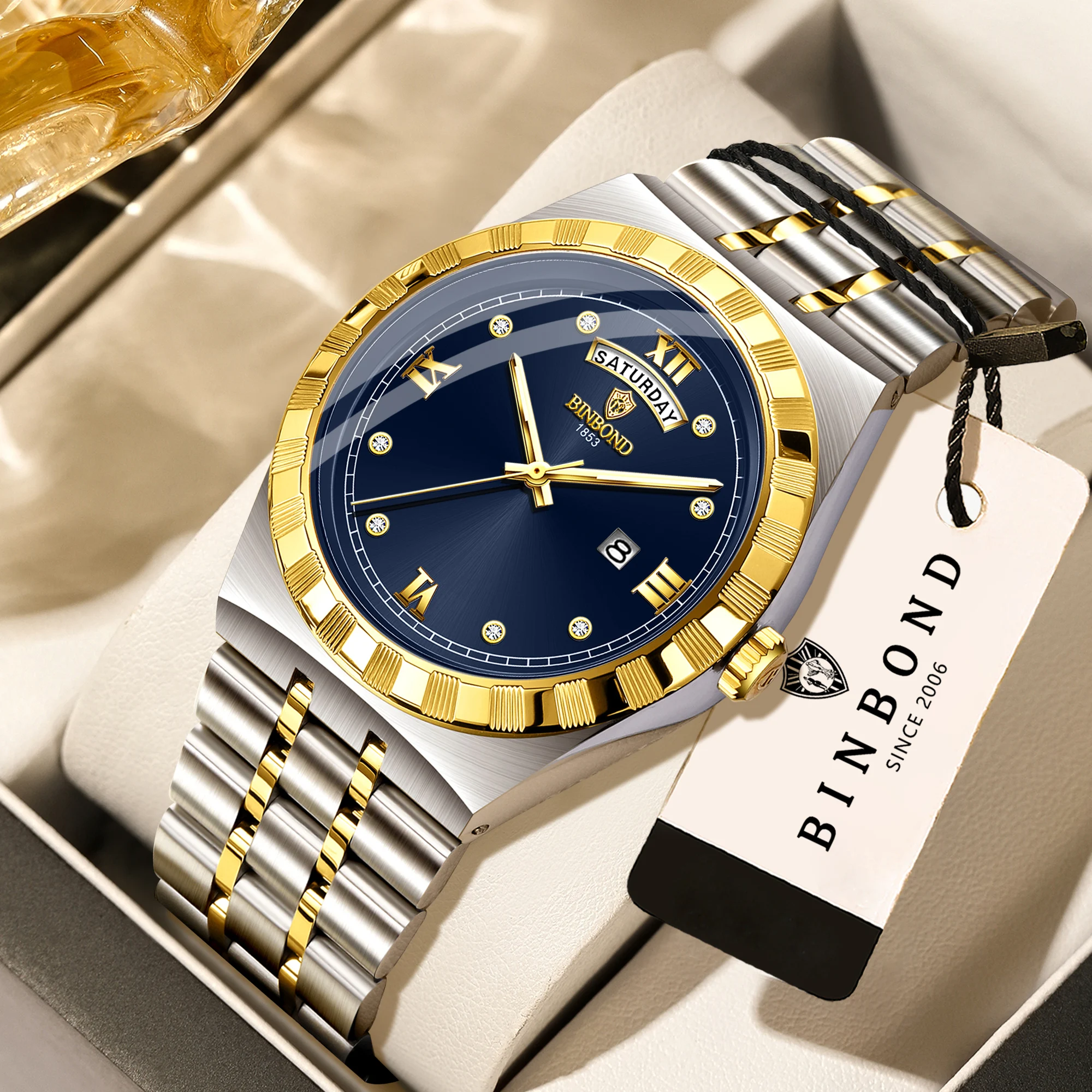 BINBOND Luxury Luminous Waterproof Quartz Men's Watch with Auto Date Display