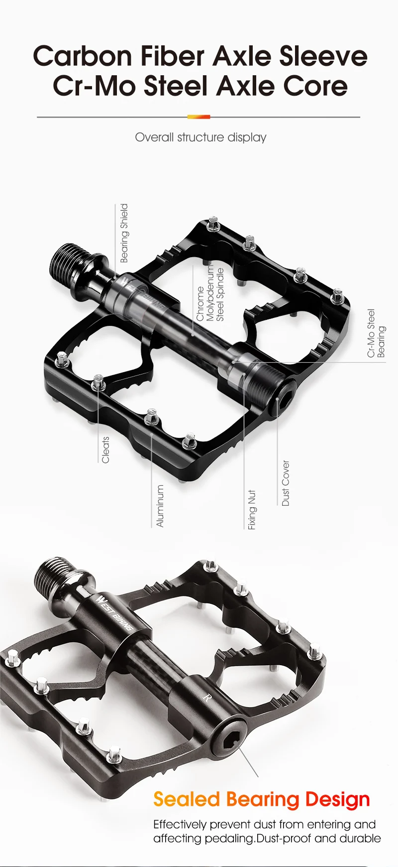 WEST BIKING Carbon Faser Rennrad Pedal Ultraleicht 3-Lager Carbon Rohr Radfahren Pedal Aluminium Anti-slip Flache Fahrrad teile – Detail 13