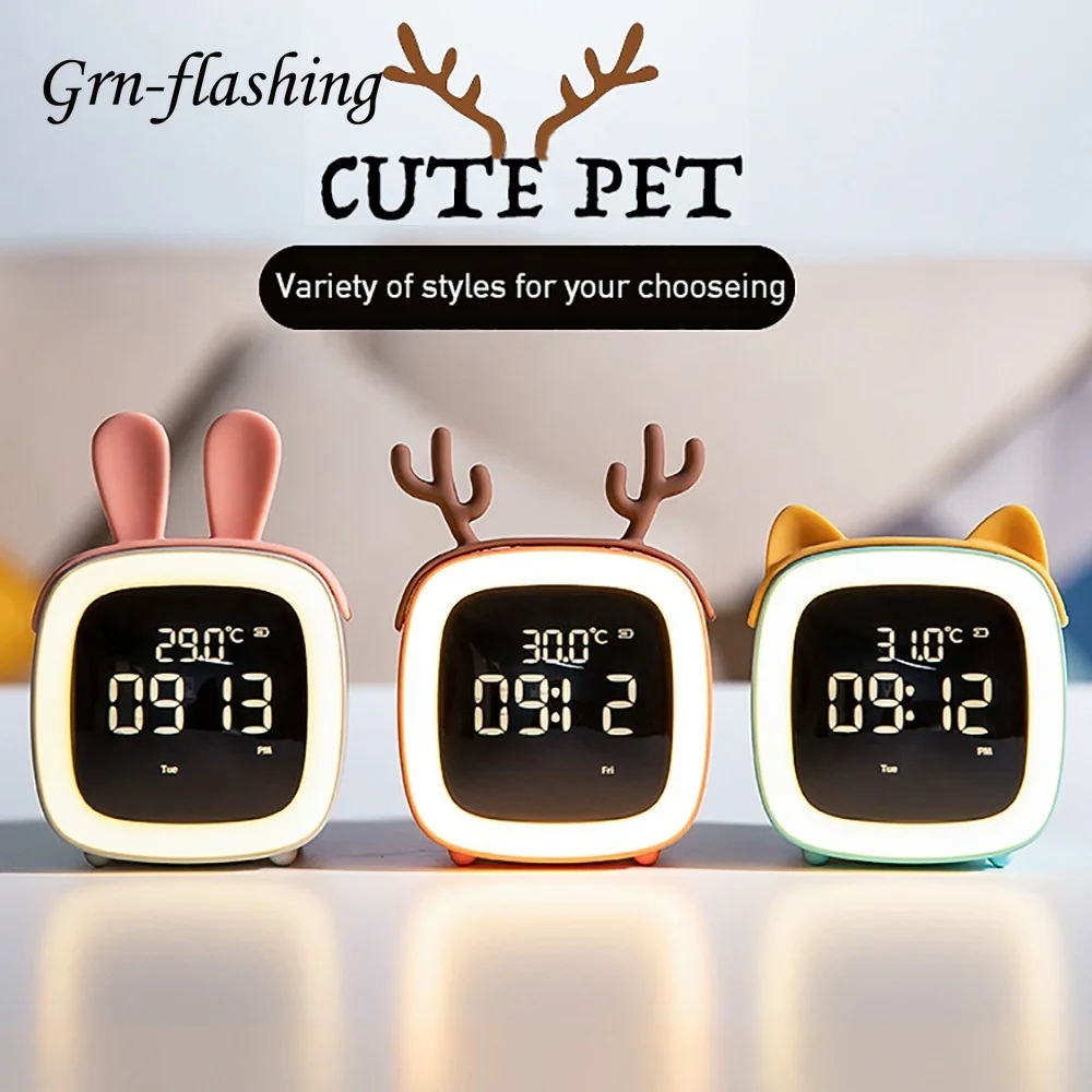 

Rechargeable Cartoon LED Night Light Children Bedroom Alarm Clock with Thermometer Student Birthday Gift Room Bedside Deer Lamp