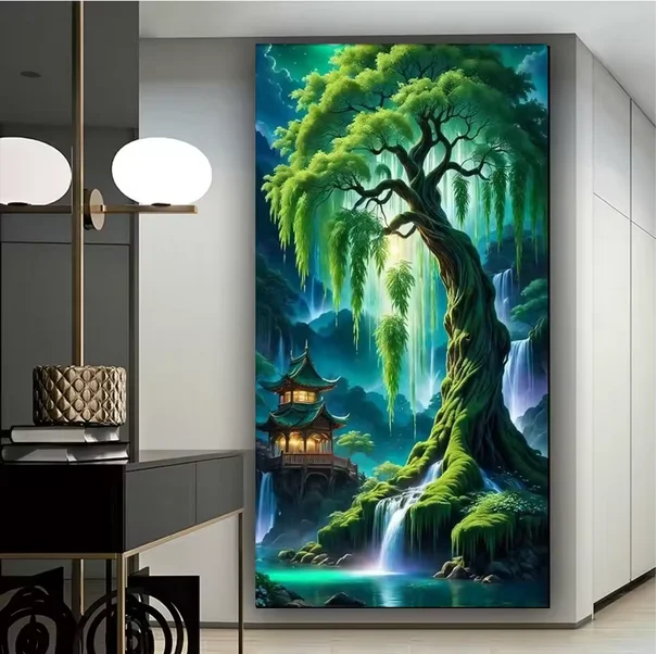 Baum des Lebens 5D Diy Diamant Malerei Kit grüner Baum Landschaft voller Platz Runde Bohrer Diamant Mosaik Kunst Home Dekoration – Detail 2