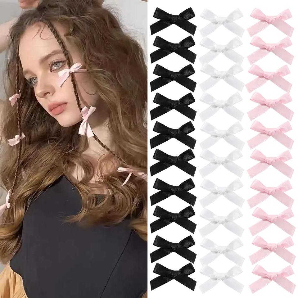 5/6/8/10Pcs Kids Sweet Solid Color Mini Bowknot With Hair Clip Baby Girls Ballet Style Ribbon Braided Hair Accessories Wholesale